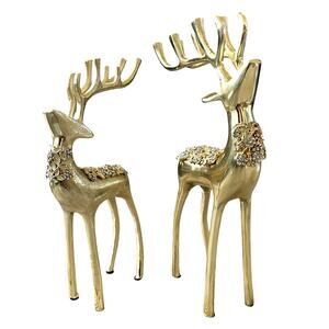 34th & Pine Gold Metal Rhinestone Reindeer Set of 2 Christmas Holiday Decor NEW